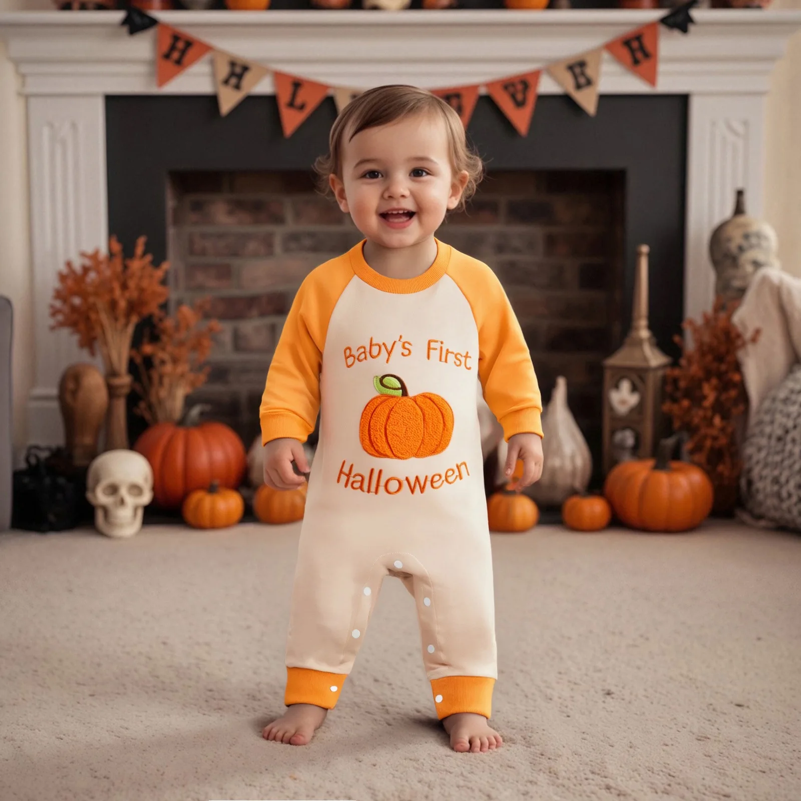 

Autumn 0-18M Baby Clothing Halloween Romper Warm Pumpkin Print Raglan Sleeve Snap Button Jumpsuit