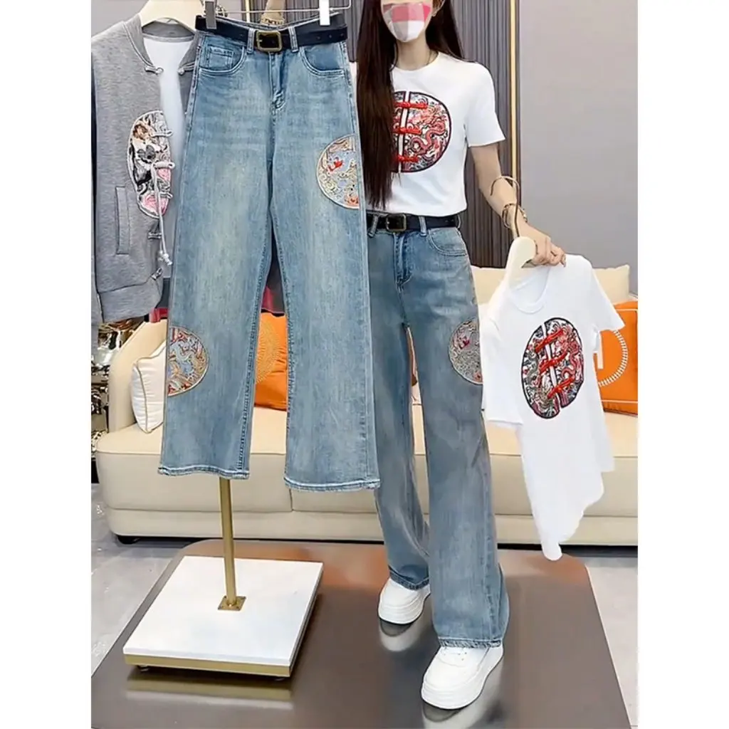 

Guofeng High Waist Slimming Straight Leg Jeans for Women Embroidered Wide Leg Pants Spring Autumn New Arrival