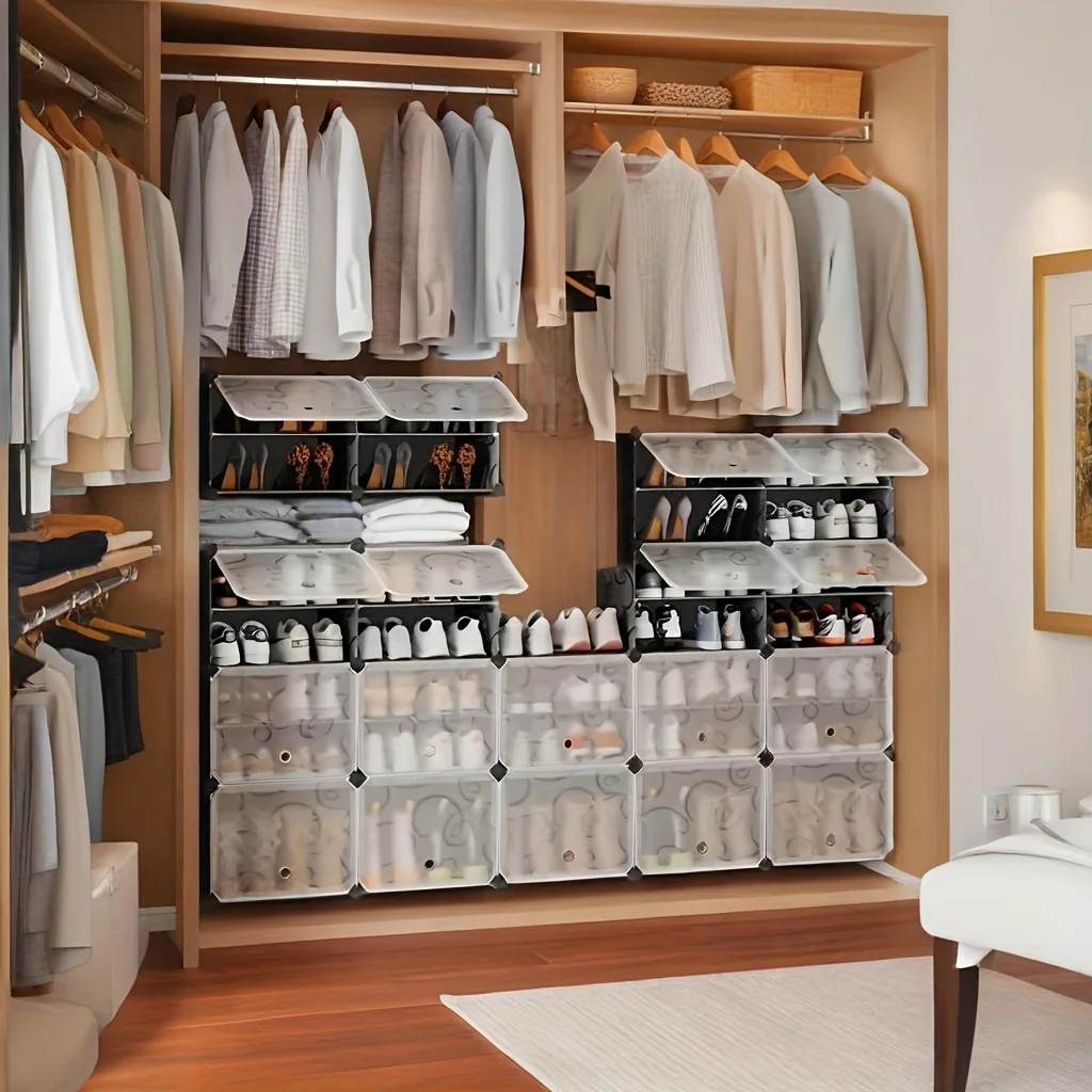 رف أحذية معياري قابل للتكديس 36 شبكة - سعة كبيرة شفافة، قابل للتعديل للأحذية الرياضية/الكعب والمدخل والخزانة