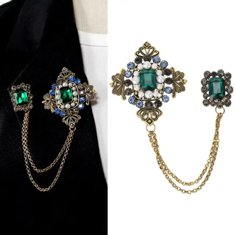 Vintage Elegant Square Crystal Metal Tassel Brooches Badges For Women Men Fashion Suit Coat Pin Jewelry Accessories Gift
