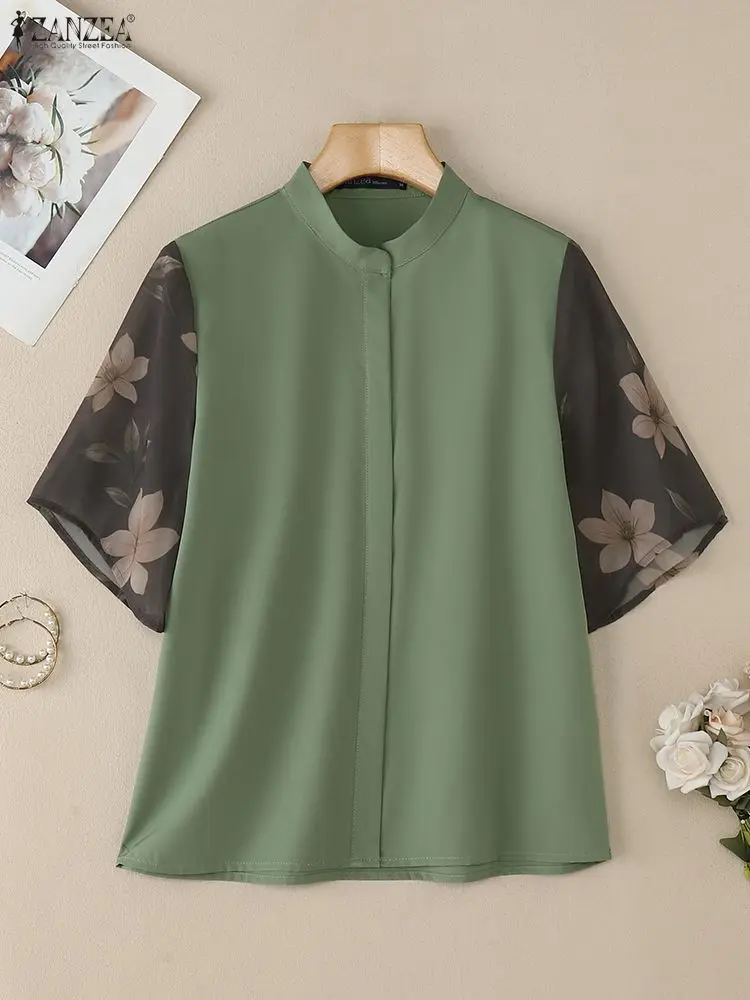 Damenblusen, elegantes Blumen-Chiffon-Patchwork, kurze Ärmel, Stehkragen, Hemden, Frühling 2026, Mode, ZANZEA, Damenkleidung, S-3XL