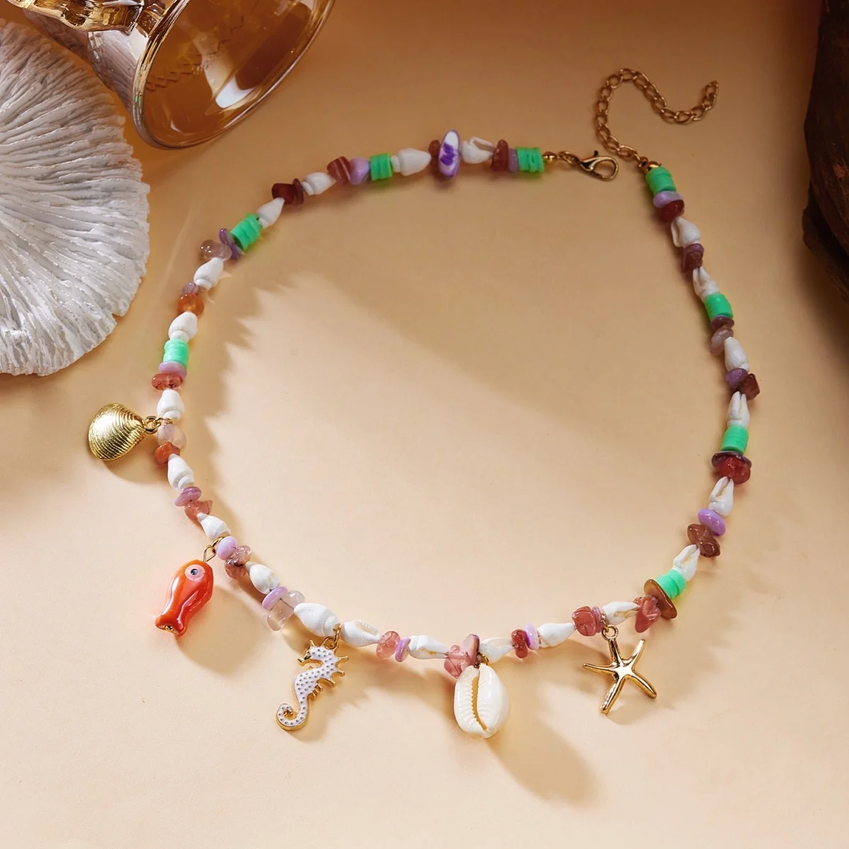 Sommerliche Muschel-Seestern-Imitationsperlen-Quasten-Anhänger-Halskette für Damen und Herren – Seepferdchen, Fisch, Muschel, Schildkröte, Delfin Choker-Schmuck – Detail 23