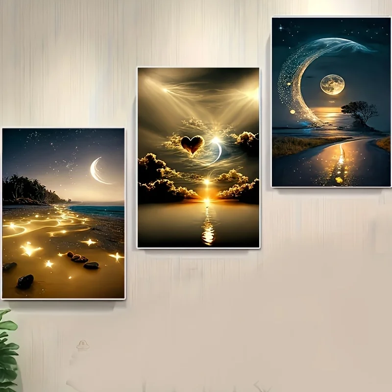 

3pcs Painting Sets, Beach Night Scene Design, Home Wall Decoration Holiday Party Decoration, Art Bedroom Living Room, Frameless