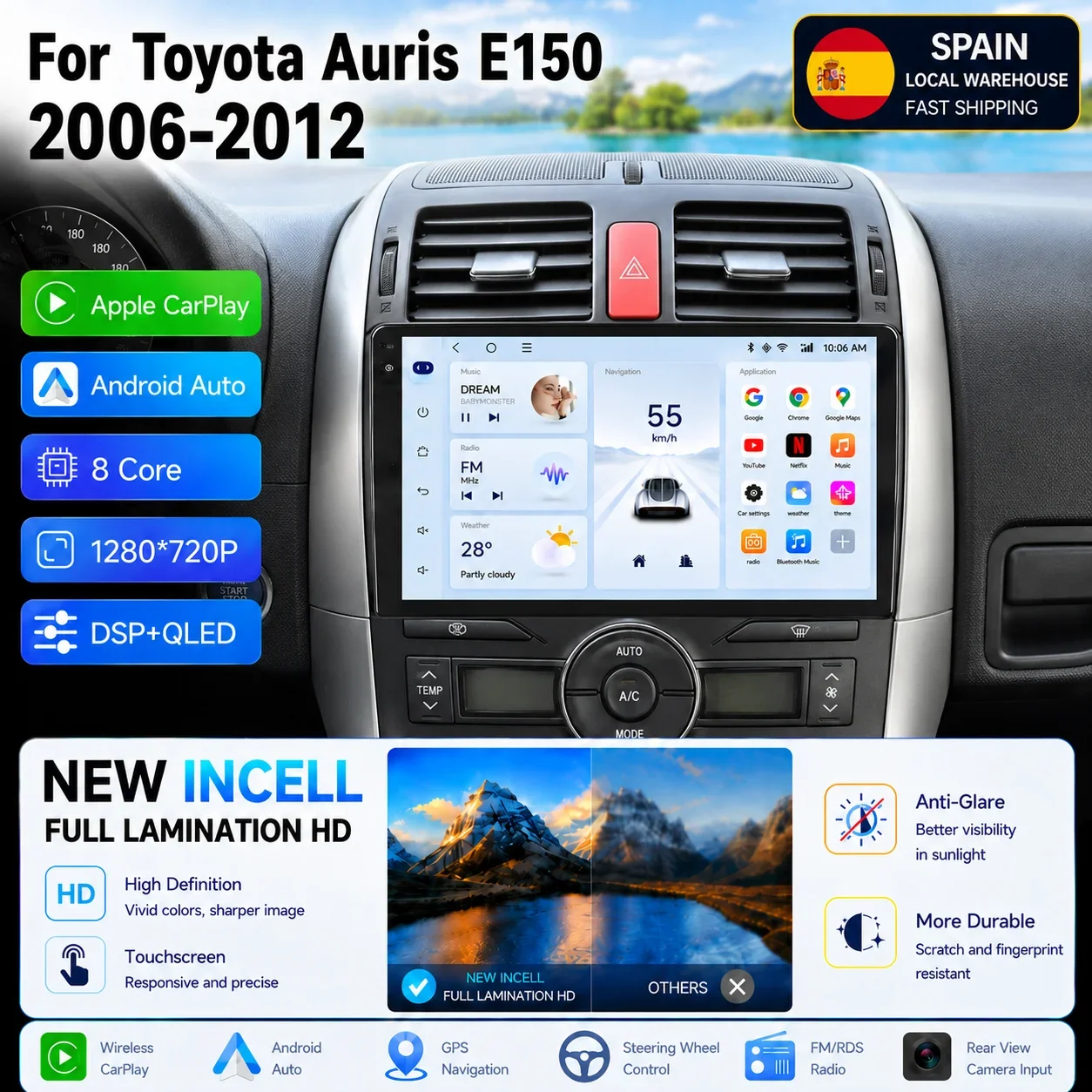 Autoradio Android Wireless CarPlay, Lettore Multimediale 2 Din, Unità Audio Stereo per Toyota Auris E150 2006-2012
