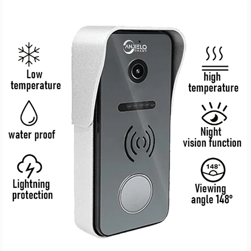 Anjielo sistema de campainha de vídeo de 4 fios de 4,3 polegadas com desbloqueio de cartão magnético e câmera AHD visão noturna e lente grande angular