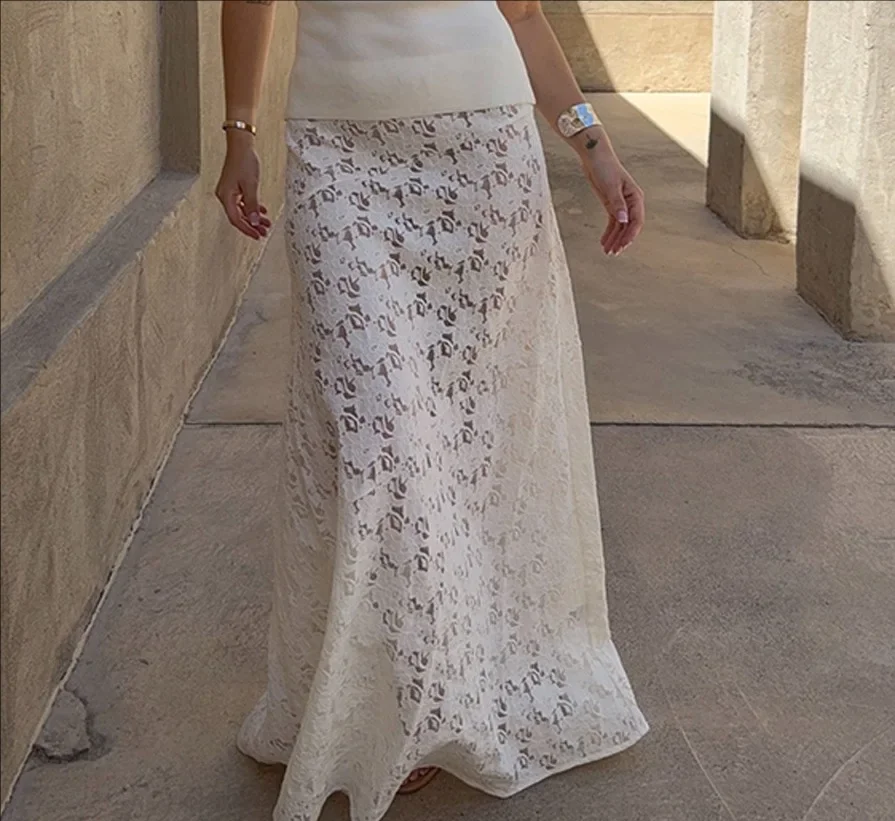 

Fdey Streetwear Flowy Long Skirt Elegant Solid Sheer Lace A-Line Maxi Skirt For Women See-Through Cover-Up Vacation Beachwear