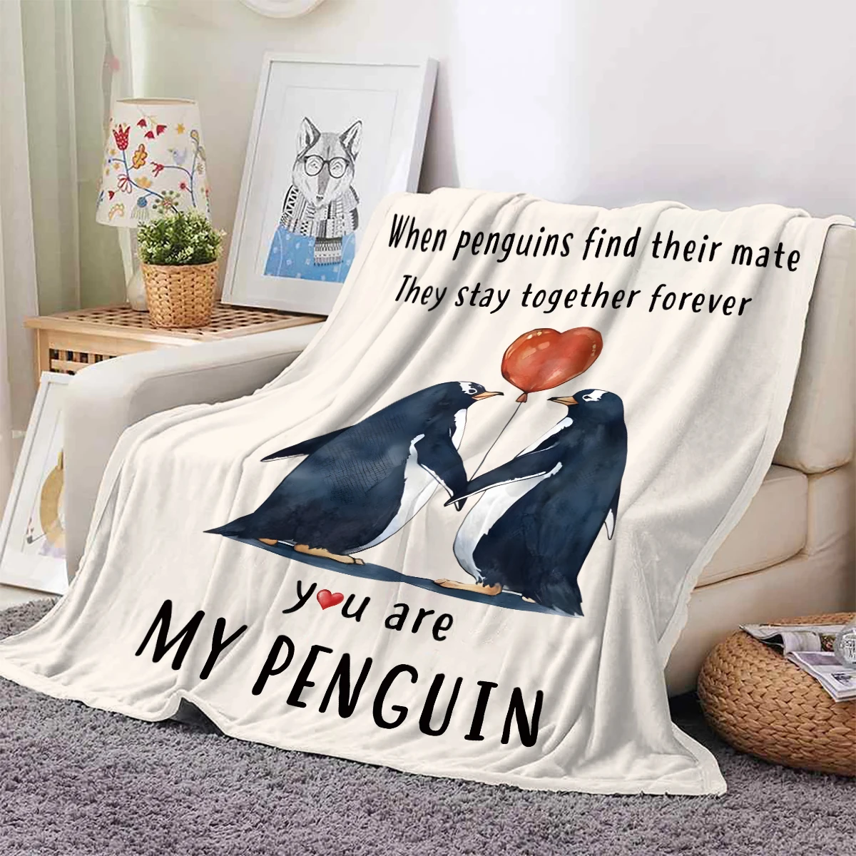 1pc Eternal Love Penguin Print Thickened Flannel Blanket, Warm, Skin-friendly, Soft, Suitable for Sofa, Bed, Travel, Office