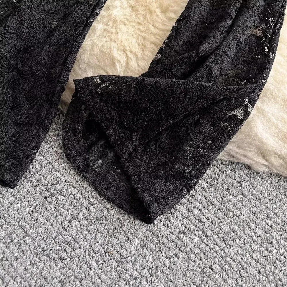 Sexy Hollowed Out Lace Pants Drape Fabric High Waist Straight Flared Pants Loose Wide Leg Shape Slimming Silhouette