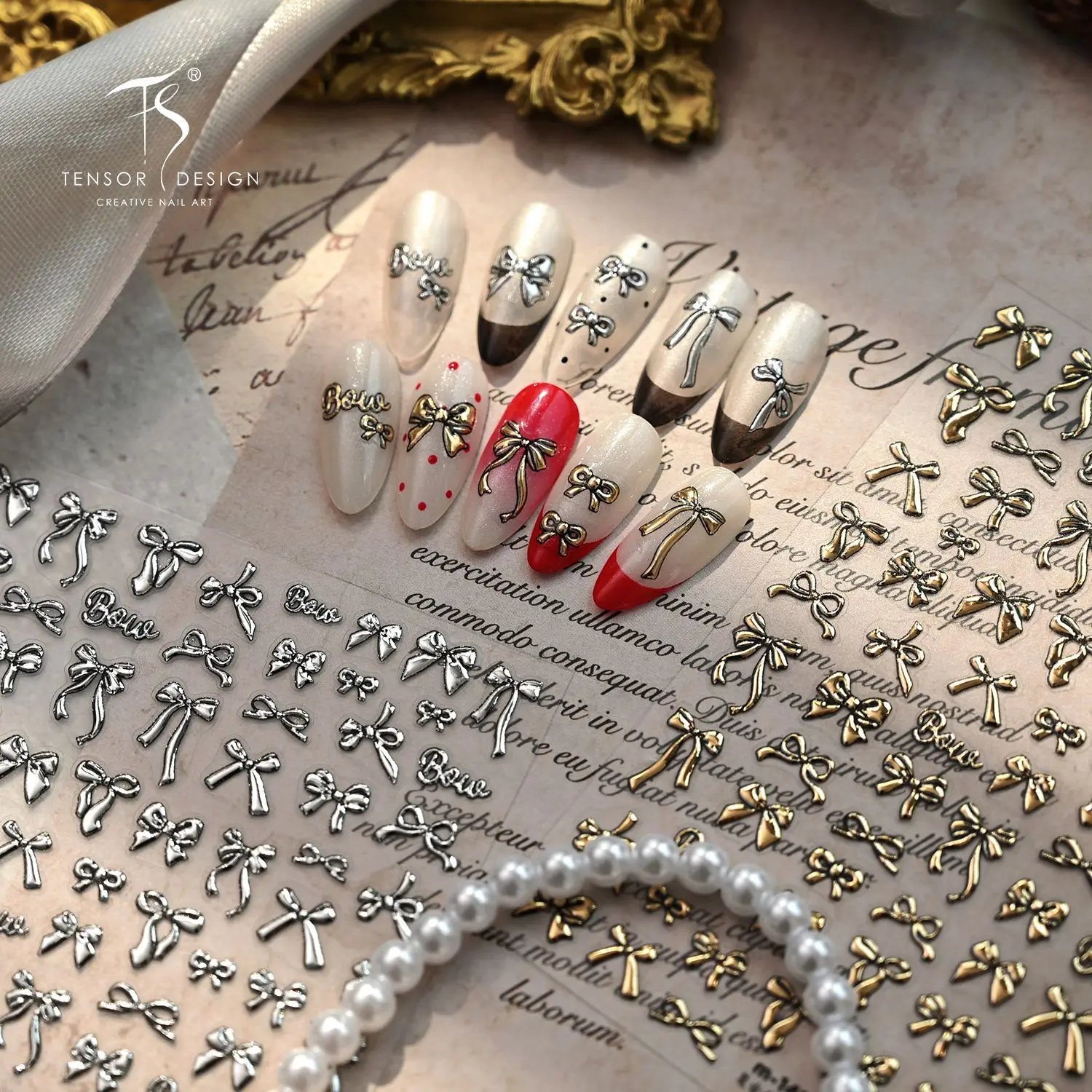 5D Simple French Gilding Metallic Ribbon Bow Nail Art Stickers Retro Gold Silver Various Bowknots Decals Manicure Accessories
