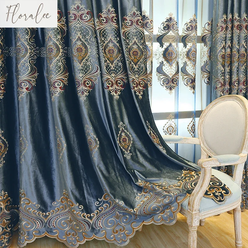 

Luxury Blue Velvet Embroidered Curtains For Living Room Bedroom Dining Room Elegant Home Decor Blackout Thick Drapes Custom