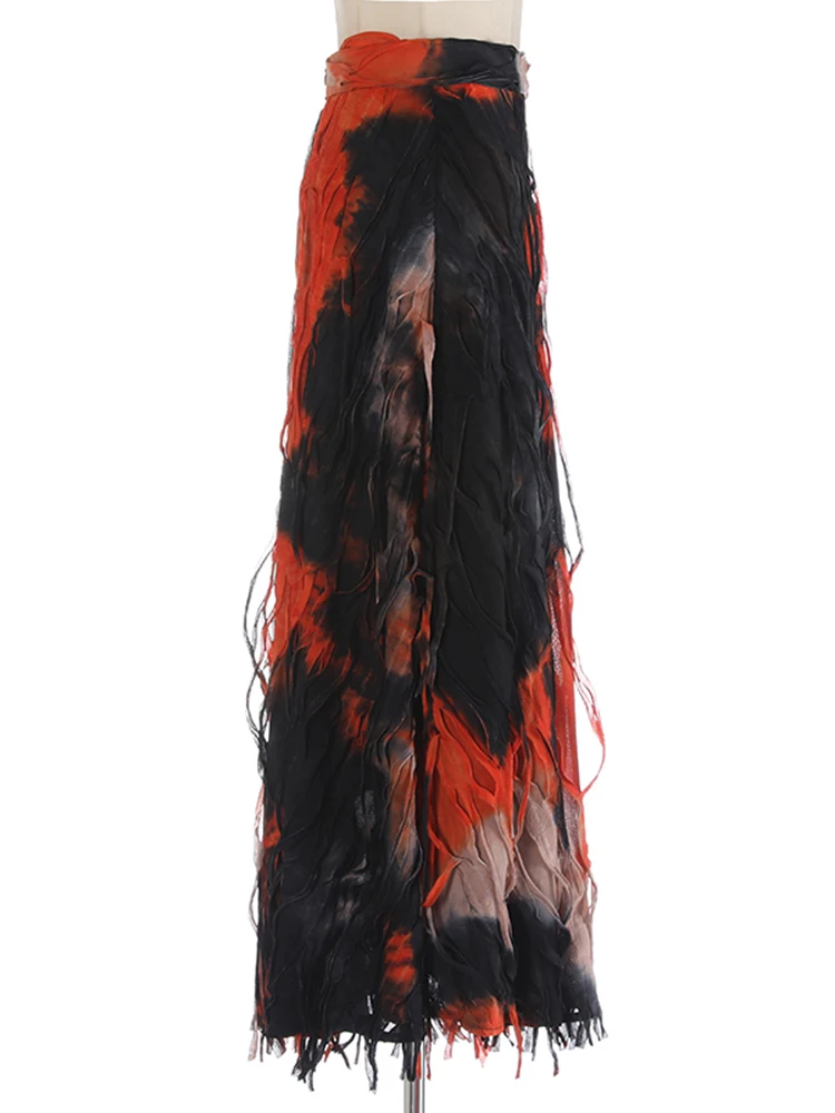 [EAM] High Elastic Waist Orange Tie Dye Irregular A-line Half-body Skirt Women Fashion Tide New Spring Autumn 2024 1DH5392