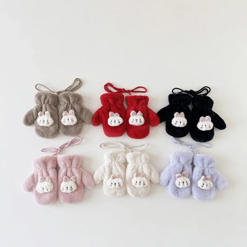 

Korean Children's Gloves 2025 Winter New Rabbit Plush Bag Finger Gloves Hanging Neck Baby Girls Velvet Warm Mittens