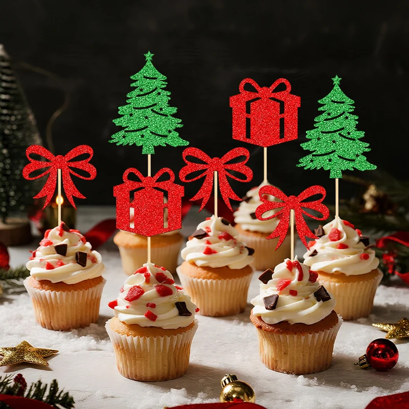 YOMDID 24 Stück Weihnachts- und Geburtstagskuchen-Topper, frohe Weihnachten, glitzernde Cupcake-Picks, Weihnachtsbaum, Schleife, Weihnachtsdekoration
