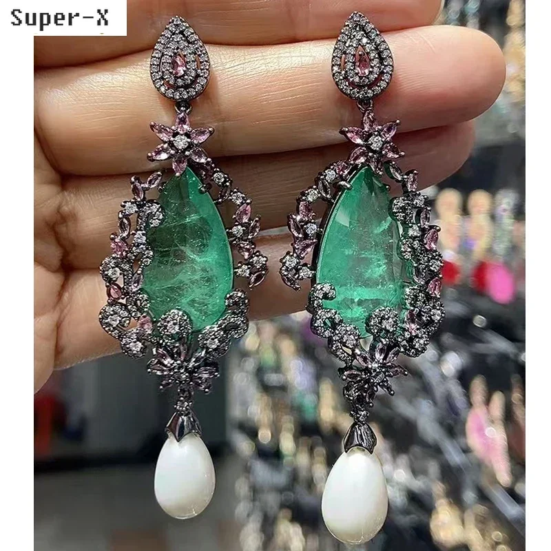Fushia Green White Long Earrings for Women Wedding Bride Luxury Jewelry Flower Zircon Big Drop Earrings Anniversary Gift