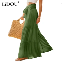Spring Autumn High Waist Lace Up Wide Leg Skirt Pants Women Loose Casual Fashion All-match Solid Color Trousers Female Clothes