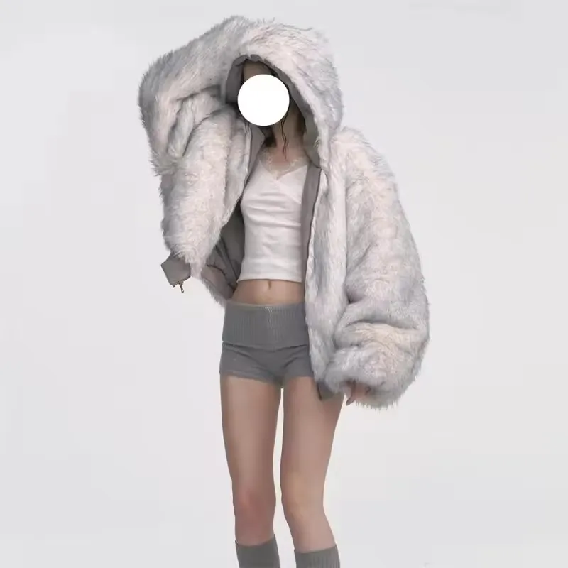 Damen Parkas Gary Dyed Spitz Wildleder Kapuzenjacke Mantel Winter Amerikanisch Doppelseitig Umweltfreundlich Kunstpelz Stepp J