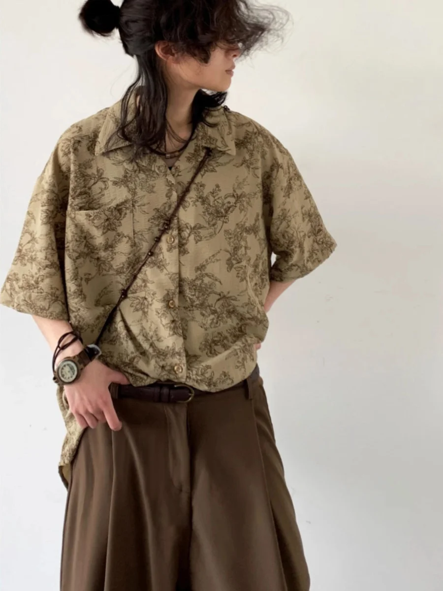 

Retro Cuban Collar Floral Print Loose irt ex High Street Casual Jaet Summer New Sle Polyester Nylon Cosite Fiber