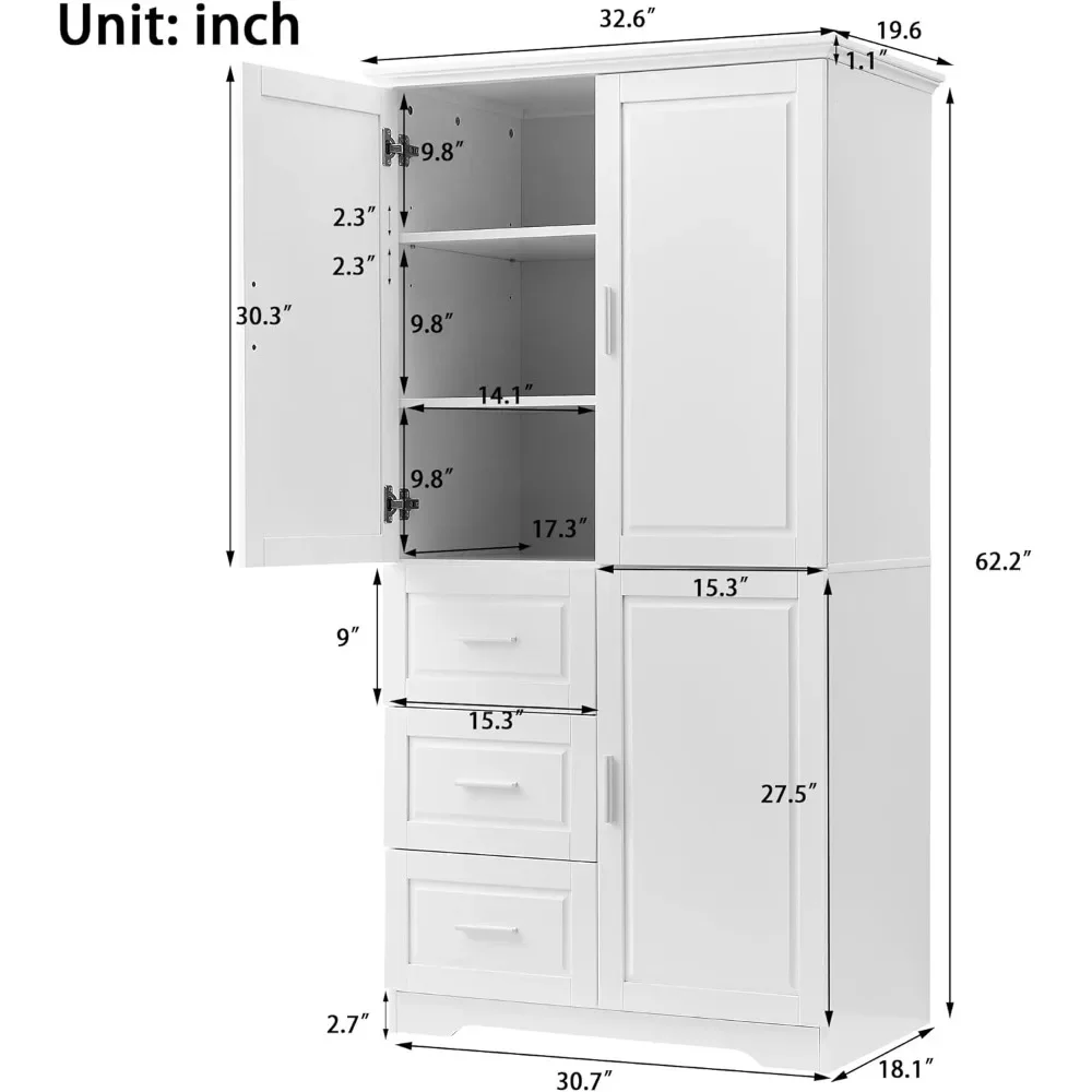 Storage Cabinet With Three Drawers And Doors, Wide Pantry Cupboard For Kitchen, Living Room And Bathroom, Adjustable Shelf,White