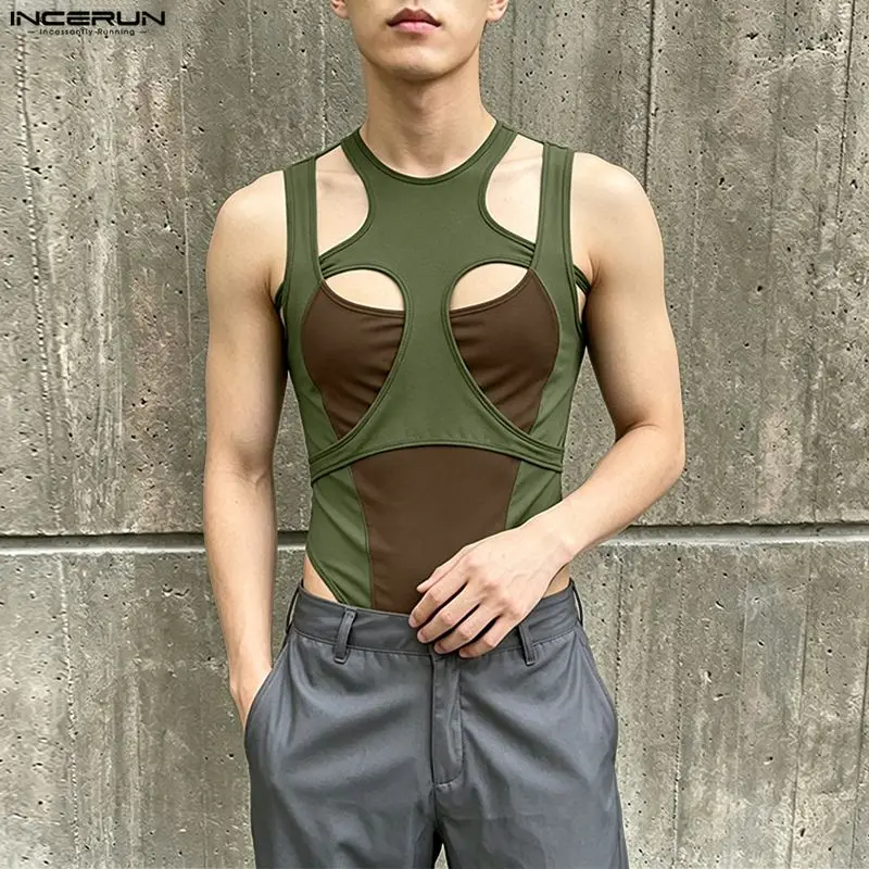 INCERUN Men's Bodysuits Tank Tops Patchwork Color-block Hollow Out Rompers For Man Playsuits Tops Sexy Sleeveless Bodysuit S-3XL