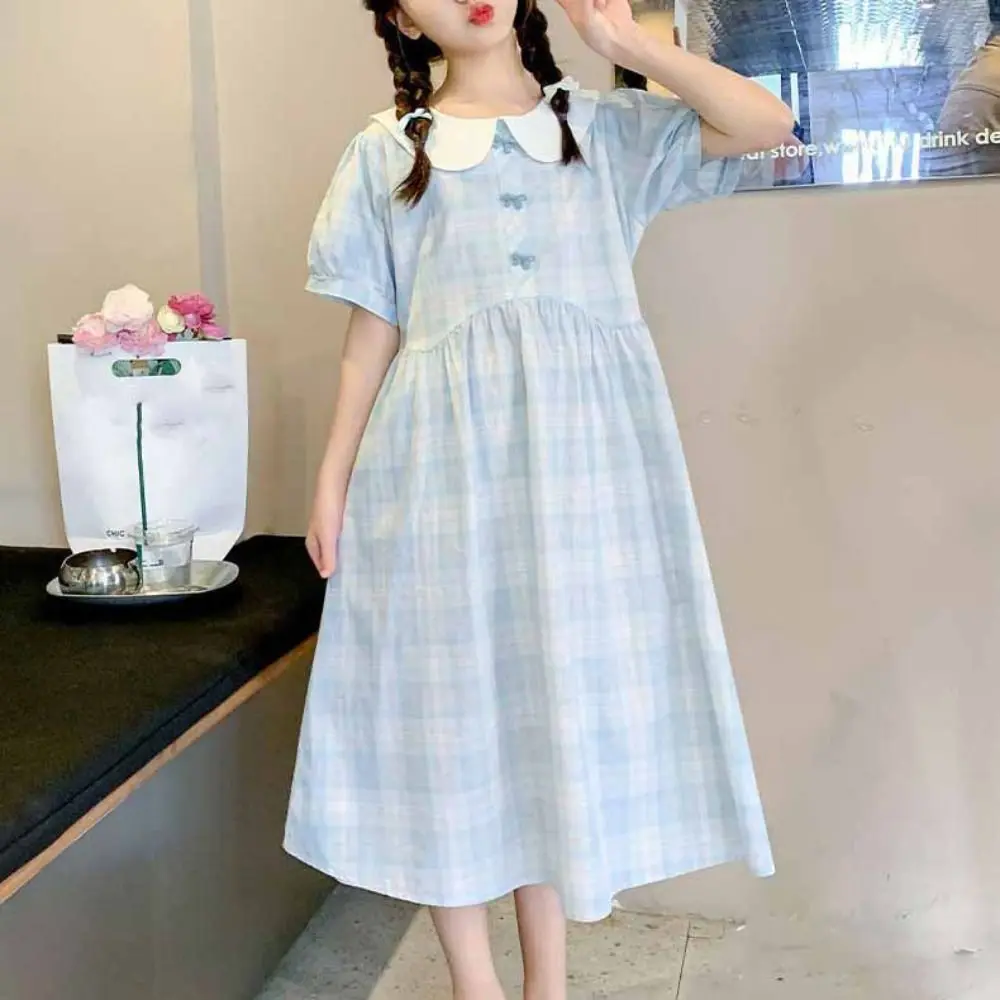 Fashion Loose Girls Plaid Dress Sweet Teenagers Summer Kids Dresses Beach Vacation Party Children Princess Dress Holiday