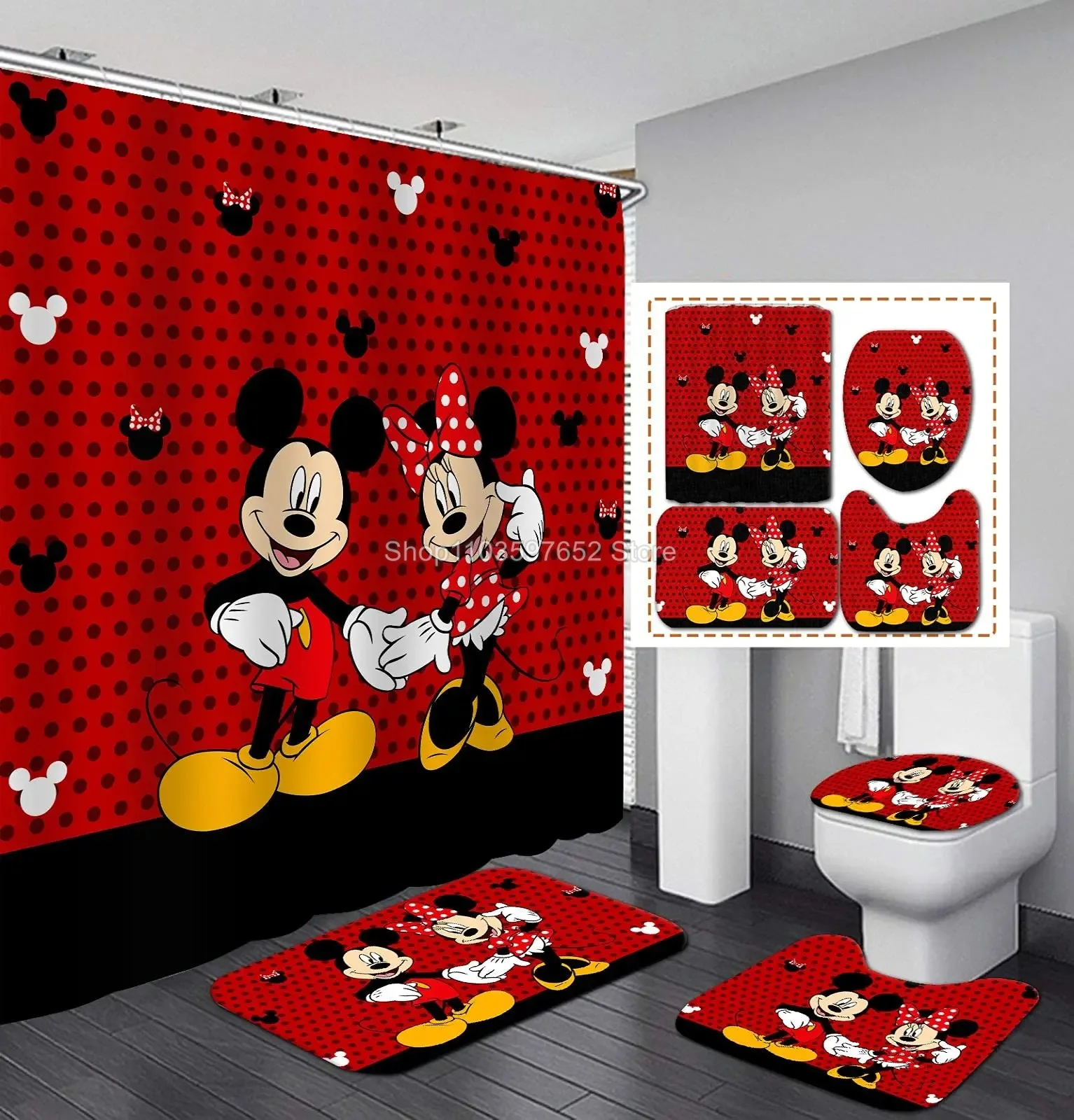 Cute Mickey Minnie 4Pcs Shower Curtain Set with Non-Slip Rugs Toilet Lid Cover Bath Mat Waterproof Bathroom Curtain with Hooks