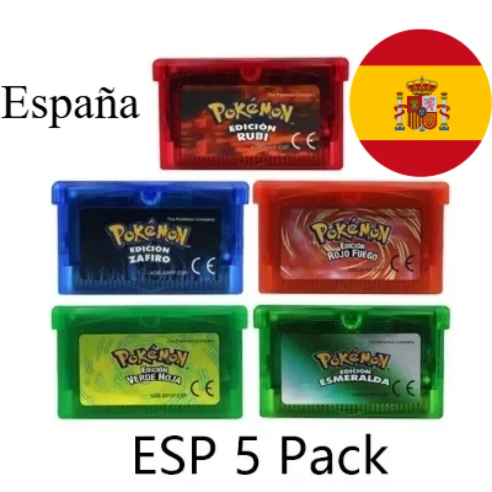ESP España GBA juego Pokemon serie 32 bits cartucho de videojuegos tarjeta de consola Pokemon Esmeralda FireRed Ruby LeafGreen zafiro