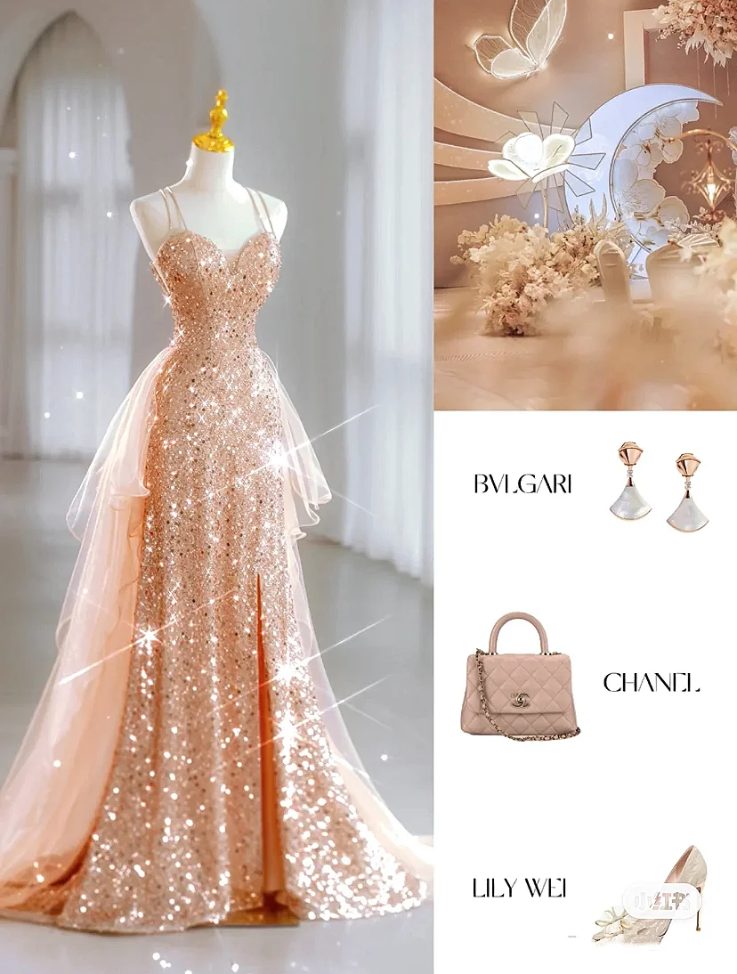 Luxury Evening Dresses Champagne Gold Spaghetti Strap Mermaid Beading Ribbon Seqined Sexy Train Bride Beach Party Prom Gown 2024