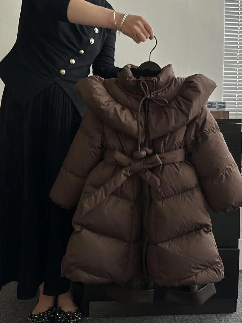 

Зимнее длинное пуховое хлопковое пальто с кукольным воротником для девочек, детская теплая устойчивая хлопковая одежда, модная до колена