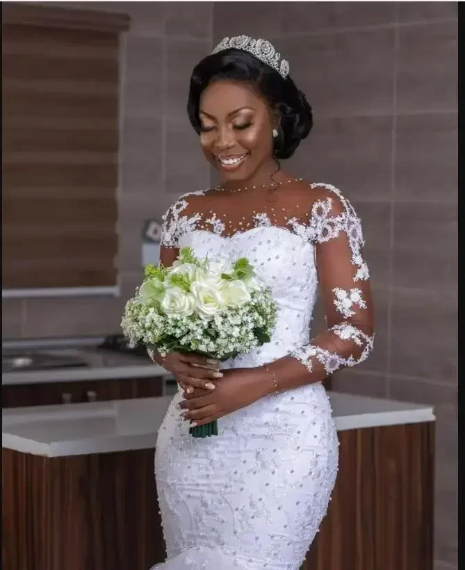 Robes de mariée sirène africaines personnalisées, grande taille, manches longues, avec des Appliques en dentelle et des perles de cristal, dos creux