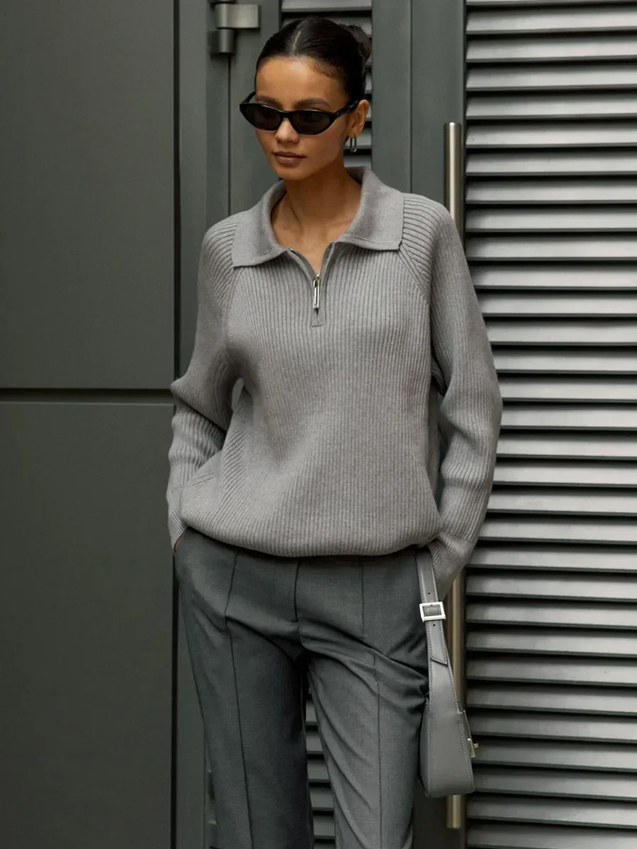 Bornladies Autumn Winter Simple Casual Polo Collar Pullover Sweate Office Lady Warm Knitted Top Women\'s Knitted Long Sleeves