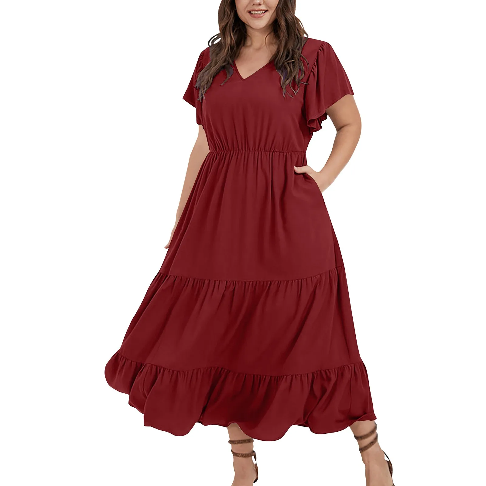 Plus Size Vintage Solid Color V-neck Ruffle Short Sleeve Large Hem Long Skirt For Women Summer Comfort Daily Date Beach Dress