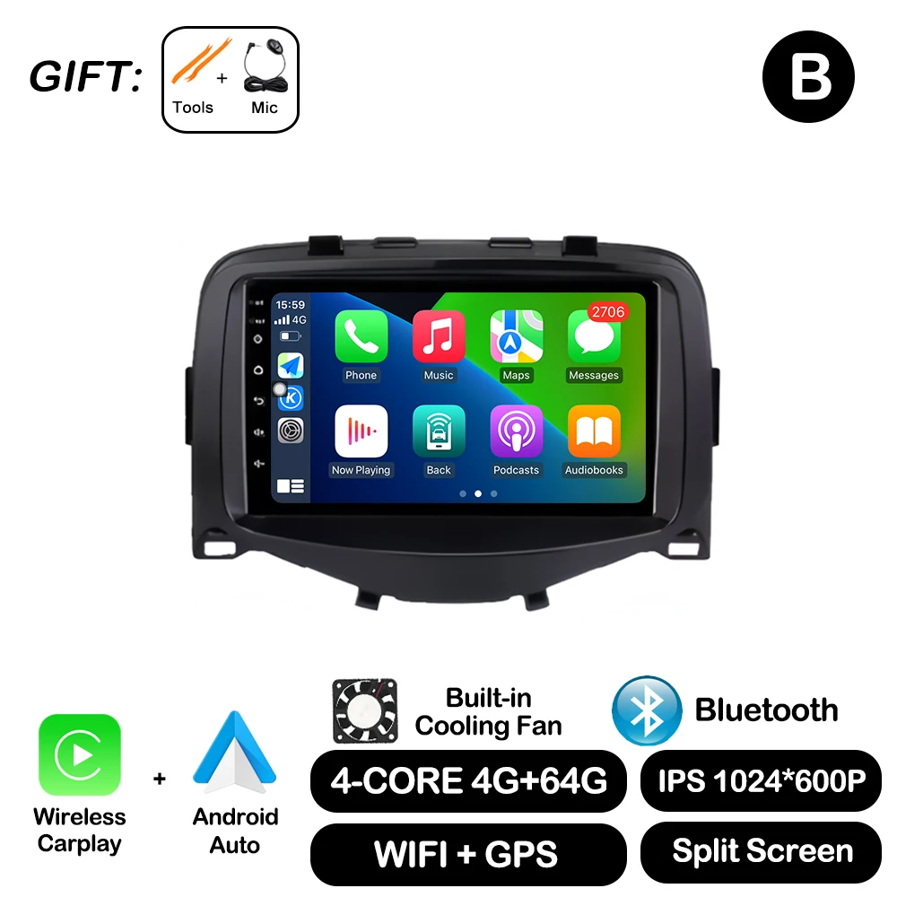 7 Inch Voor Toyota Aygo Peugeot 108 Citroen C1 2016-2020 Autoradio Autoradio Multimedia Speler Carplay 4G + Wifi Bt Dsp Stereo