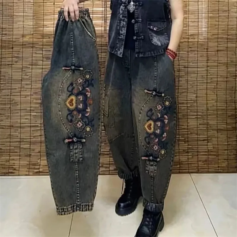 

Женские джинсы с высокой талией, утепленные, в корейском стиле, повседневные, джинсовые брюки-харланы, весенне-осенние, с вышивкой, ковбойские штаны