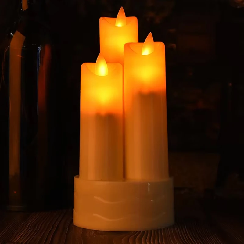 3in1 Flameless Taper Candle Battery Operated Fireplace Ambient Light 18cm Yellow LED Pillar Flickering Wax for Christmas Party