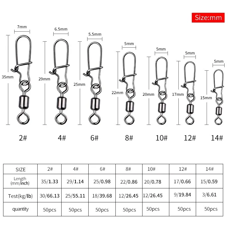 MEREDITH Pike Fishing Accessories Connector 50PCS Pin Bearing Rolling Swivel Stainless Steel Snap Fishhook Lure Swivels Tackle