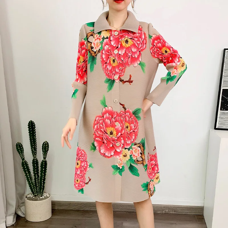 Miyake Style Pleated Dress for Women 2023 Spring New High-End Fashion Printed Loose Plus Size Single-Breasted Cardigan Dresses