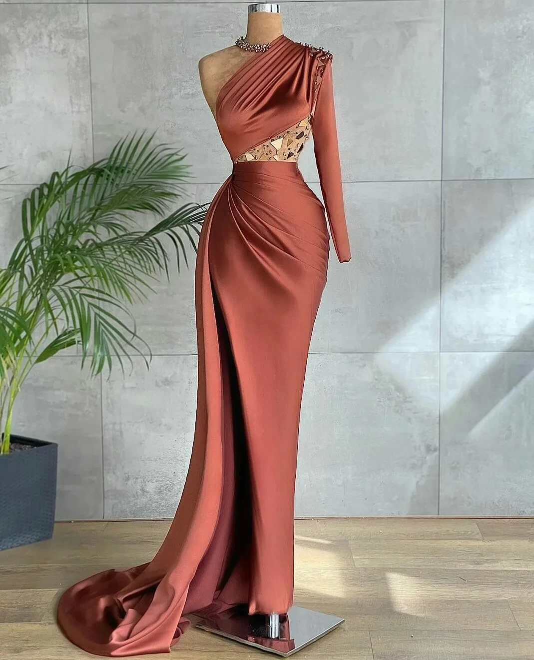 Simple One Shouder Evening Dresses Trumpet Long Sleeve Ball Gowns Ruched With Sequined Woman's Formal Bride Beach Party Vestidos