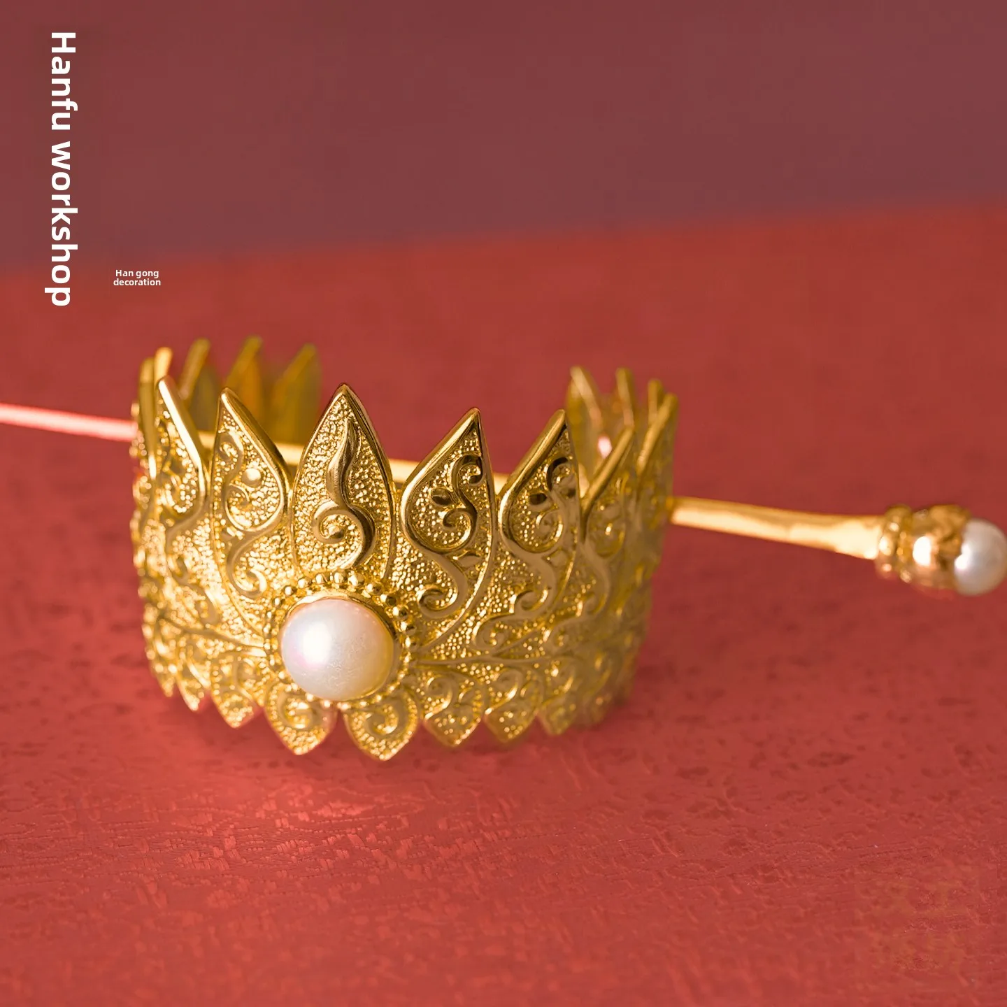 Chinese Style Lucky Auspicious Blessing Pure Copper Lotus Hair Crown Engraved Twining Floral Pattern Faux Pearl Inlay Unisex Han