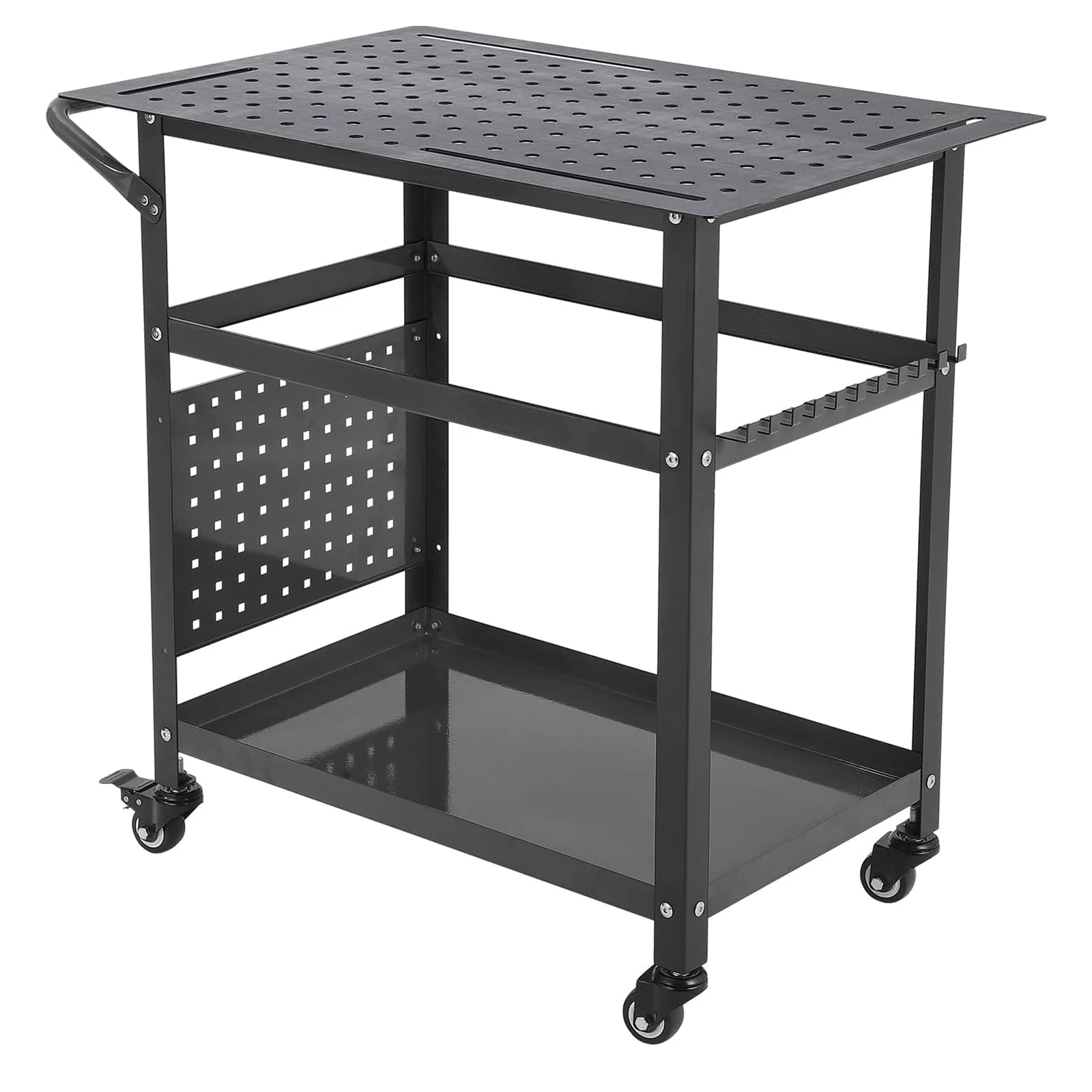 

36 X24 Inch Steel Welding Workbench With Wheels Portable Workbench With Double Storage Board 161 5/8 Inch Fixing Holes 11 Hooks