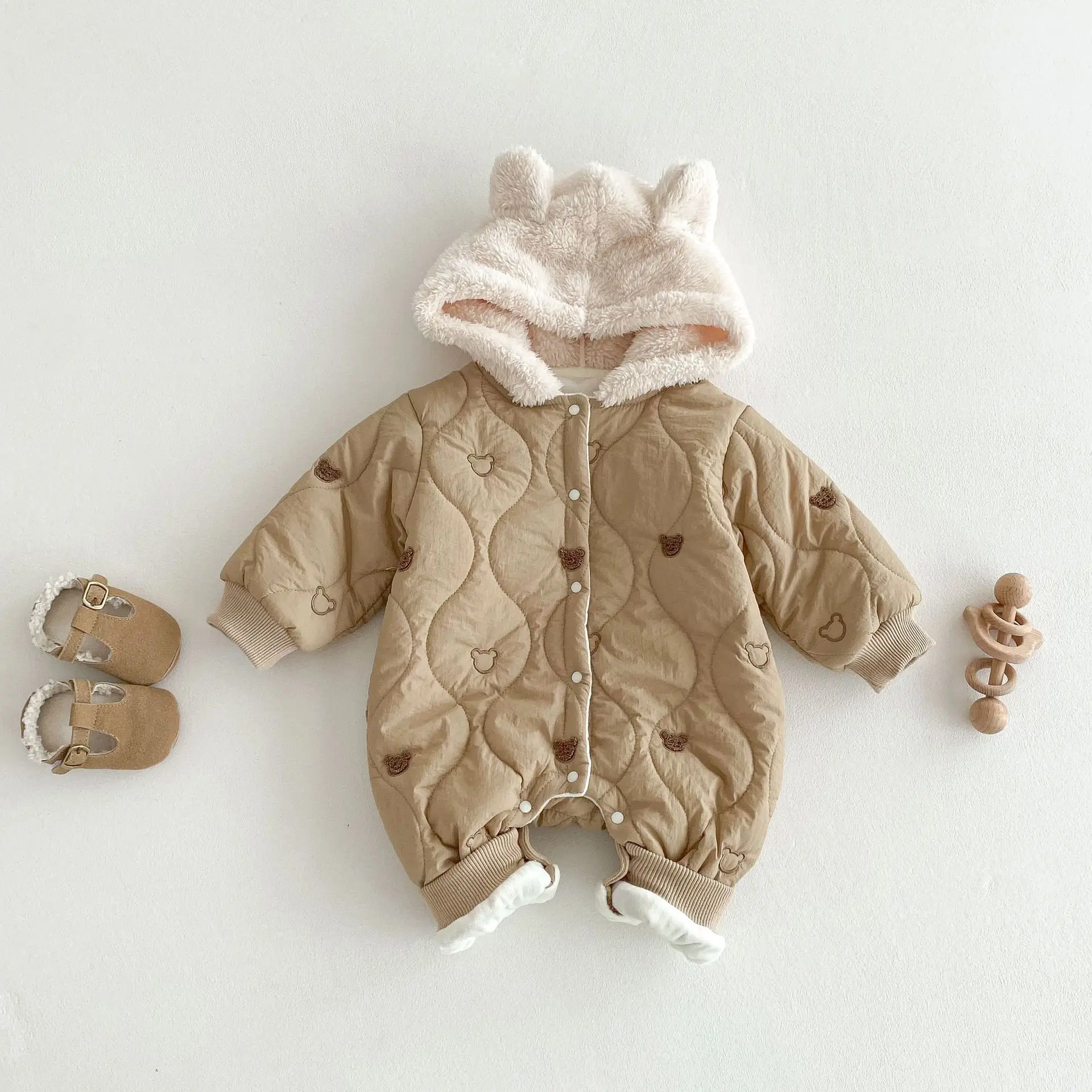 Baby Clothes 2024 Winter Baby Girls Romper Cute Bear Embroidery Infant Boys Hooded Jumpsuit Toddler Fleece Warm Onesie