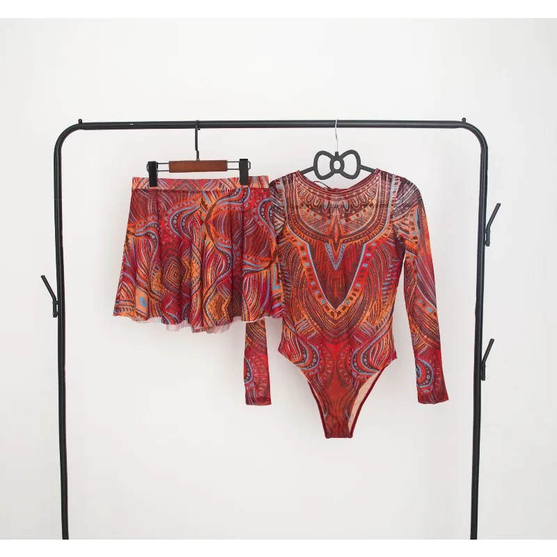 Femmes élégantes 2 pièces maillot de bain Vintage imprimé à manches longues body maillot de bain Mini jupes plage vacances tenues féminines vêtements