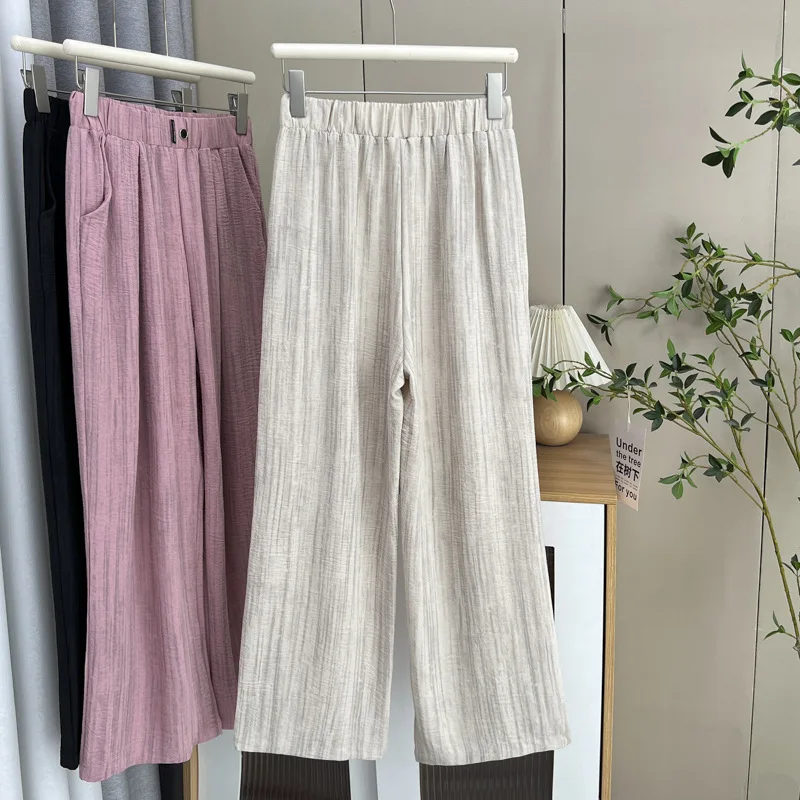 100 كجم حجم كبير الصيف جديد رقيقة مستقيم بنطلون عادية الحرير الجليد واسعة الساق السراويل الطويلة للنساء 8583