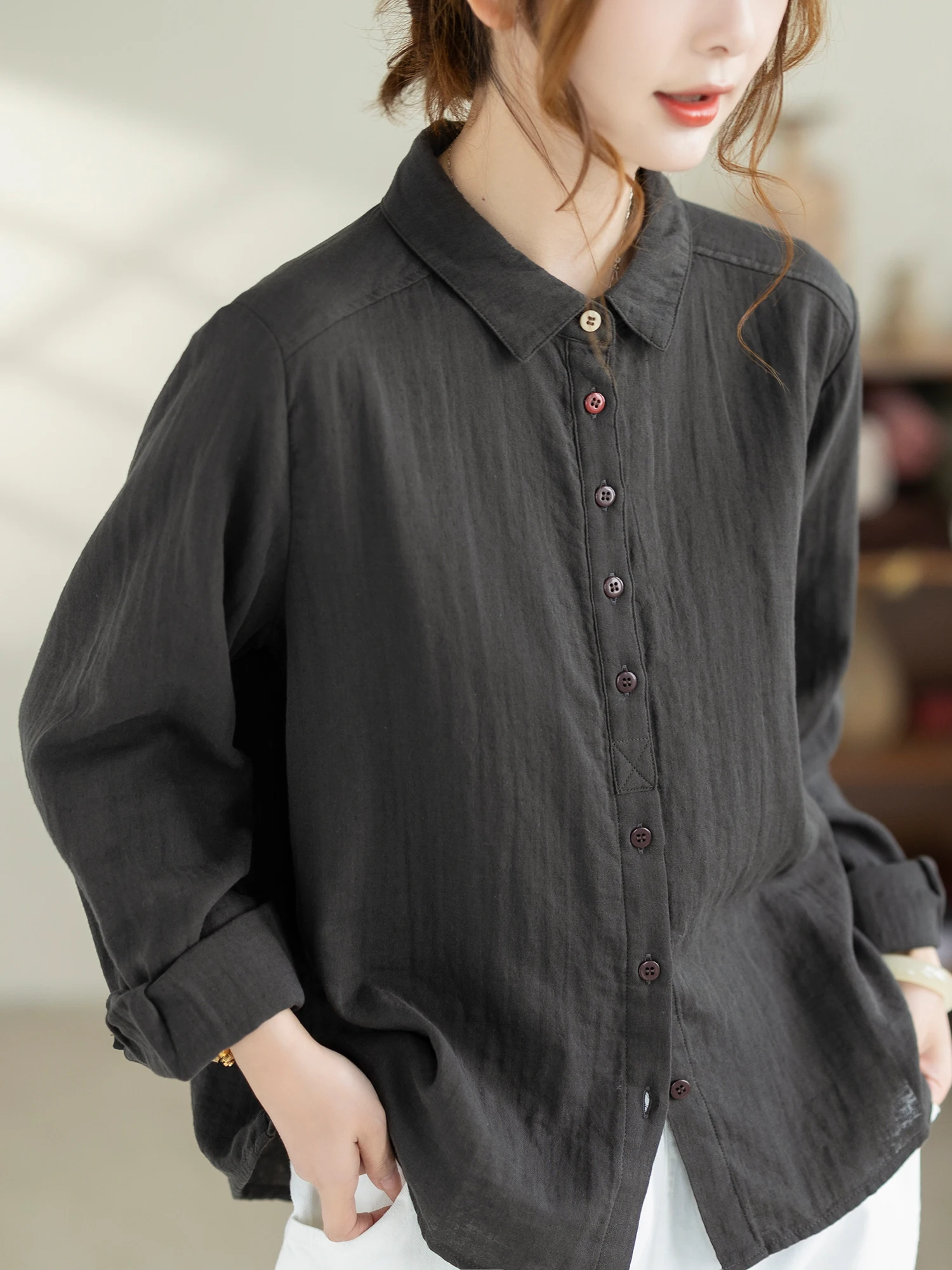 

Рубашка Camiyu из чистого хлопка с длинным рукавом, женская, повседневный стиль, свободный крой, двухслойная, с отложным воротником, для многослойных образов, универсальная