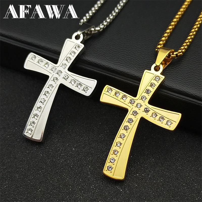 

Catholic Christ Jesus Cross Necklace for Women Men Rhinestone Stainless Steel Gold Color Male Chain for Man Jewelry NZZZ915S02