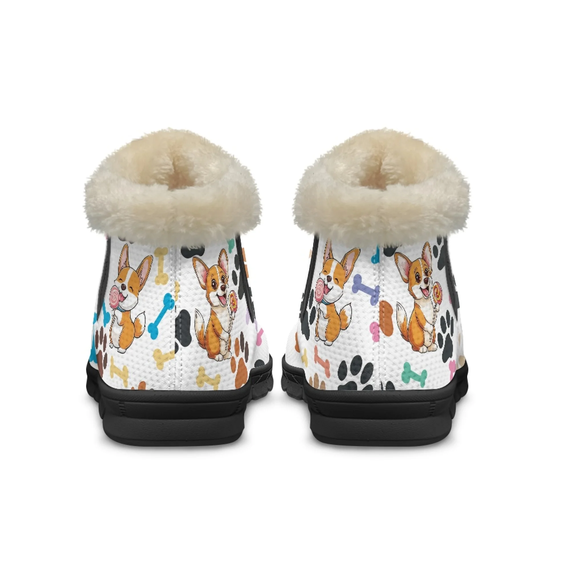 INSTANTARTS Winter Women Short Plush Warm Snow Boots Cute Cartoon Corgi Pattern Girls Lining Fuzzy Comfortable Shoes Non Slip