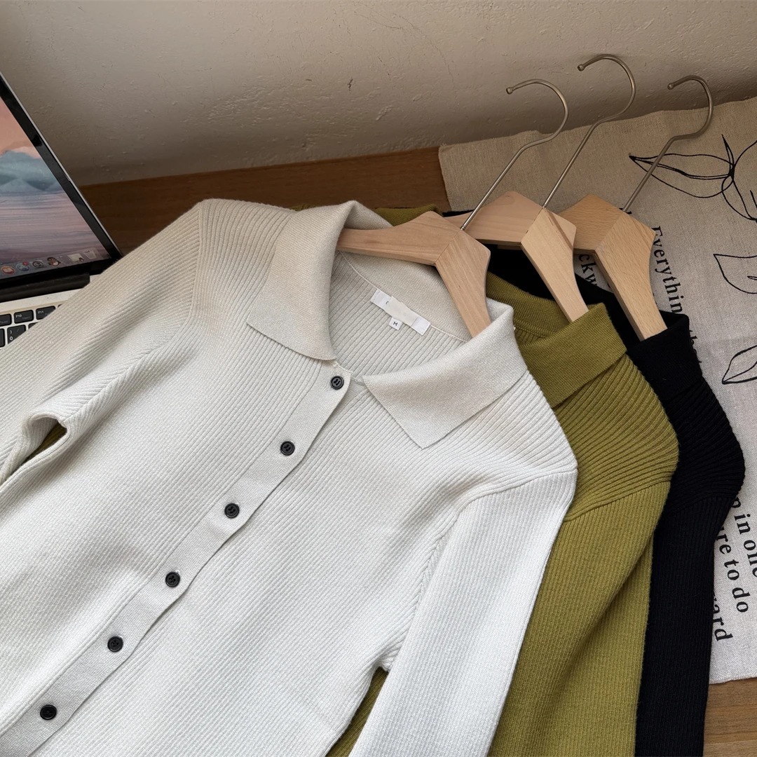 

Classic Small Collar Button Knitted Cardigan Sweater Outerwear Japanese Sle Ribbed Long Sve Ne Warm Thermal
