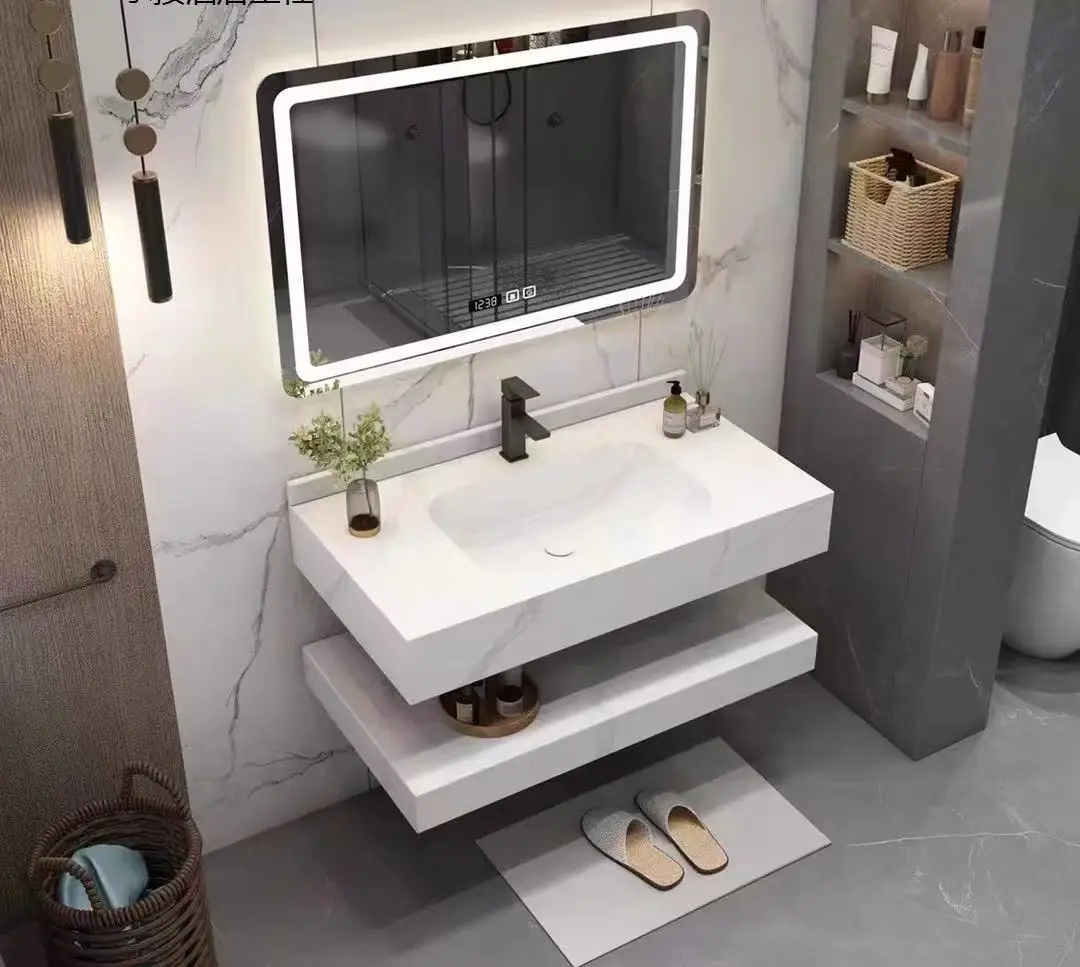 

Современный двухслойный бесшовный интегрированный умывальник из каменной плиты с большим зеркалом, тумба для ванной комнаты, комбинированный комплект для умывания