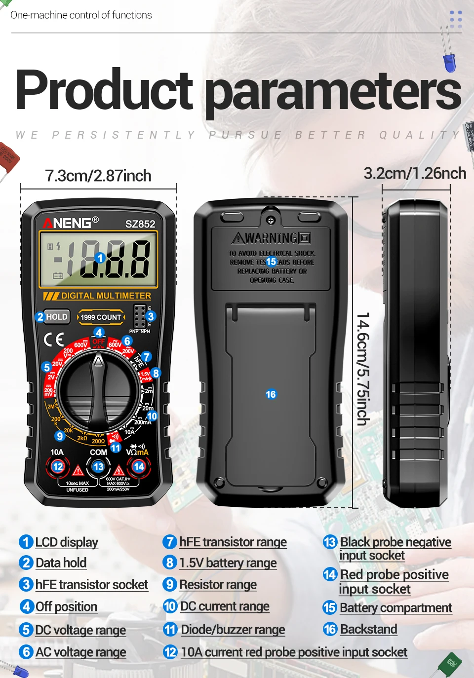 ANENG SZ852 Digitalmultimeter 1999 Zähler AC/DC Spannung/Strom Widerstand Batterie Multiparameter-Messgerät Elektrowerkzeug – Detail 8