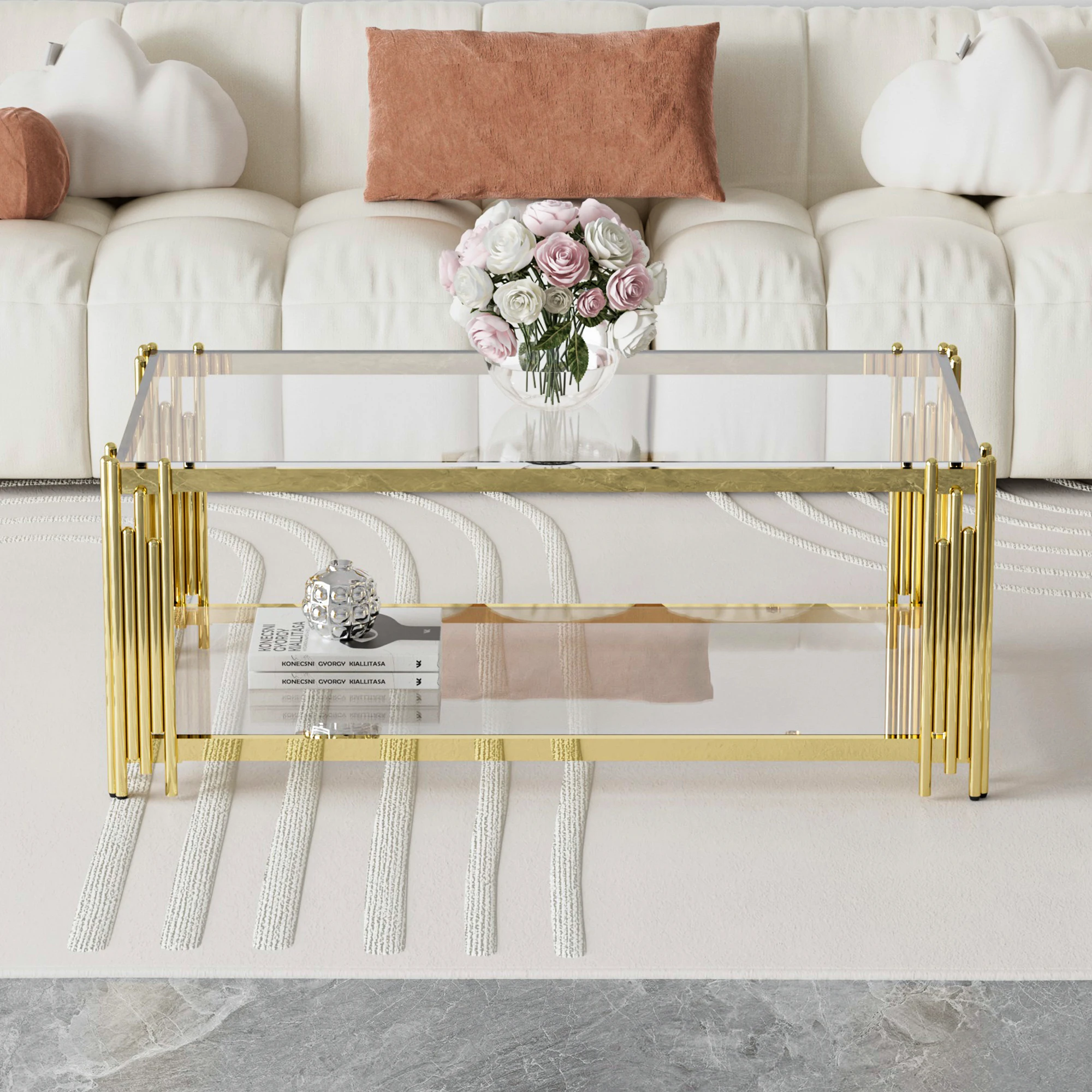 Modern luxury gold coffee table in the living room, stainless steel legs 8mm thick transparent tempered glass sofa table