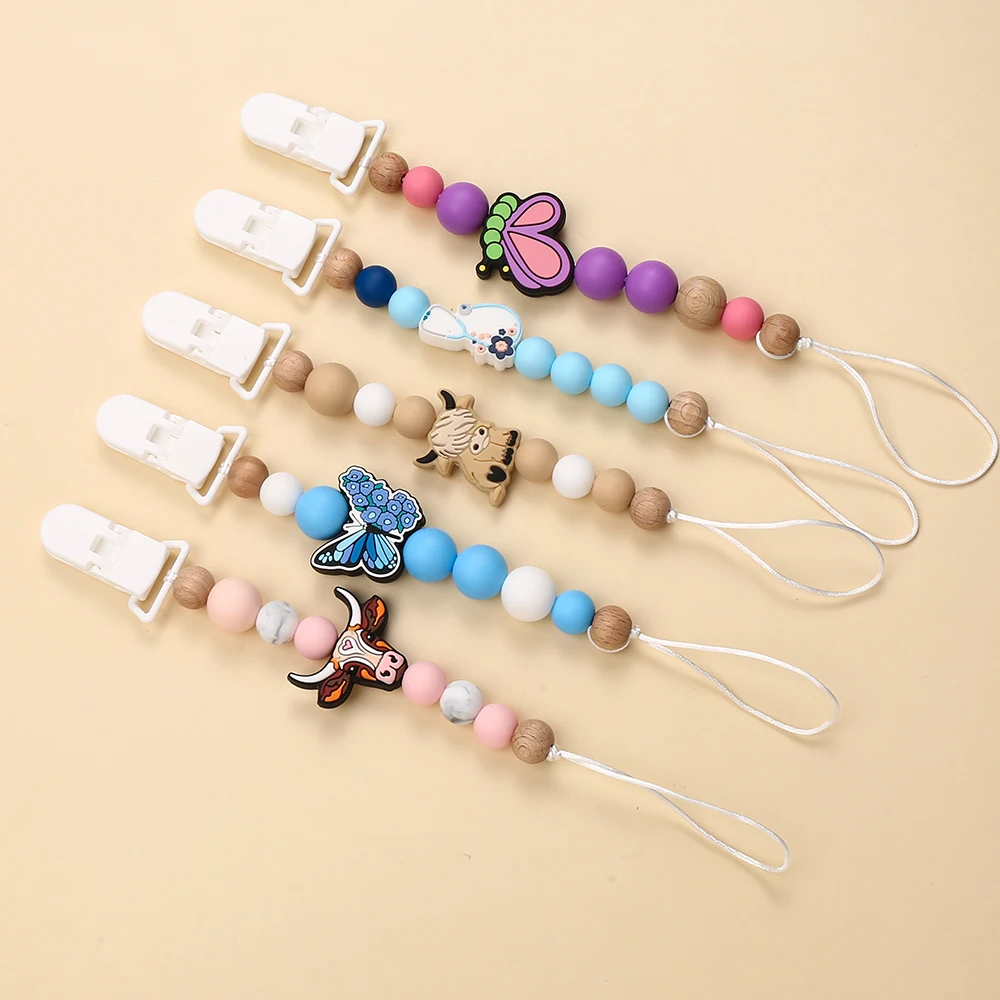 Fashion Baby Pacifier Clip Wooden Dummy Nipple Holder Clip Chain Silicone Bull Cute butterfly Animal Infant Teether Toy Bracelet